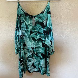 Jennifer Lopez Cold Shoulder Blouse Top Tropical Print Green Size Medium